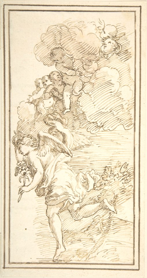 Archangel Holding a Lily in a Landscape with Clouds Bearing Putti (Fragment of a Scene of the Annunciation) MET DP803009