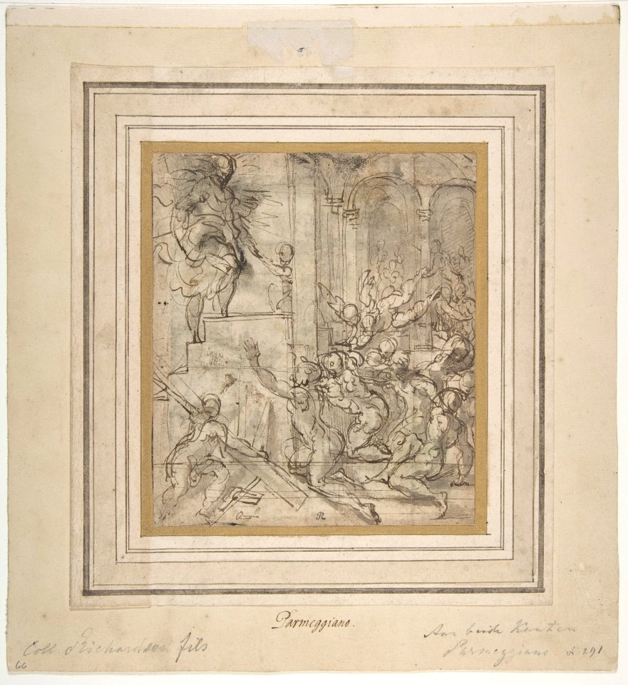 Apparition of Christ (recto); Printed Fragment with Jupiter Enthroned with Eagle, from Caraglio's Martyrdom of Saint Peter and Saint Paul (verso). MET DP810979