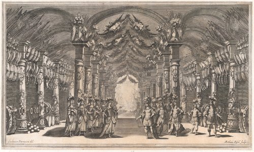 Arsenal of Mars; a group of soldiers standing across from a group of women in an arsenal; ships off in the distance; set design from 'Il Pomo D'Oro' MET DP874691
