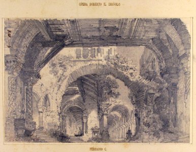 Architectural Ruins with a View of a Garden; Stage design for "Ballo don Parasol" MET 62.570.21