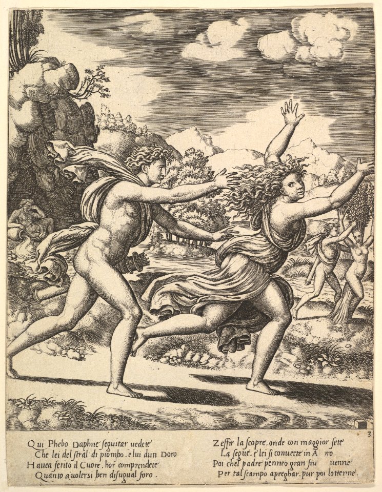 Apollo chasing Daphne who throws her arms up, in the background at right shows the moment she turns in a laurel, from The Story of Apollo and Daphne MET DP824401