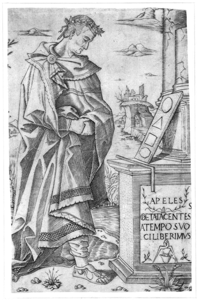 Apelles standing profile looking at a tablet of geometric figures MET 268523