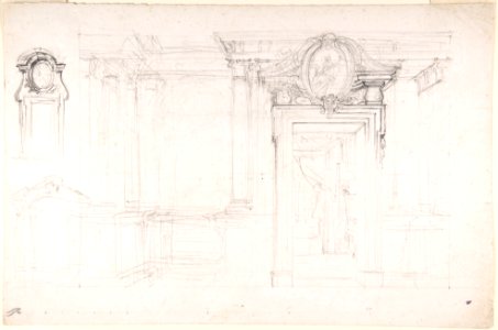 Architectural Sketch for the design of a Wall with Doorway, with two smaller sketches for the design of windows or doorways (recto); Sketches for a plan and partial perspective view of ceiling (verso) MET DP801674