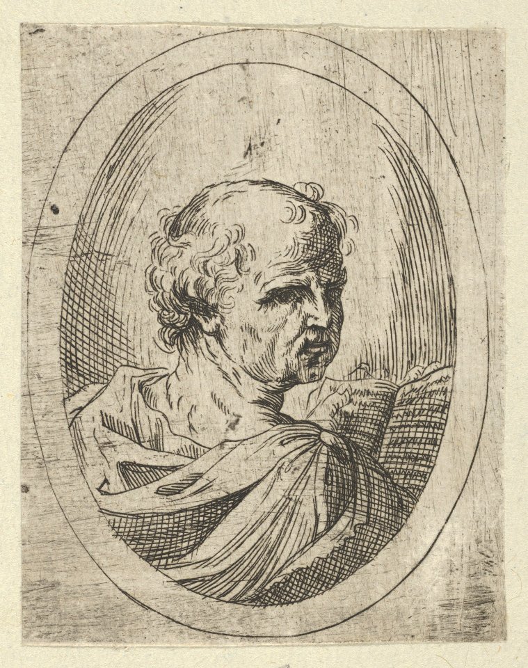 An apostle seen from behind and turning to the right, holding an open book, in an oval frame, from Christ, the Virgin, and Thirteen Apostles MET DP837897
