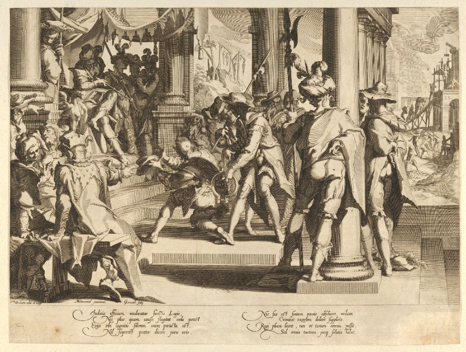 Allegory of Justice (Sanctity of the Law) with a court scene depicting a man being pardoned by a judge, from Thronus Justitiae, tredecim pulcherrimus tabulis..., plate 12 MET DP836867