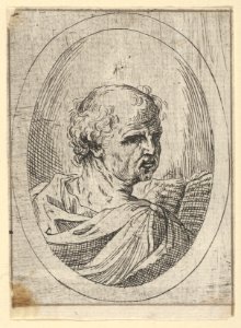 An apostle seen from behind and turning to the right, holding an open book, in an oval frame, from Christ, the Virgin, and Thirteen Apostles MET DP837903