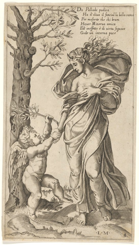 An allegory of Peace; Peace personified as a woman standing in a landscape holding the left hand of a winged genius MET DP838154
