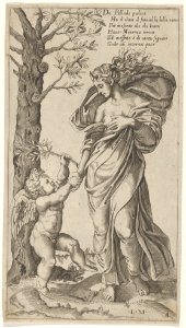 An allegory of Peace; Peace personified as a woman standing in a landscape holding the left hand of a winged genius MET DP838154