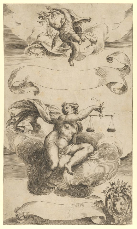 An Allegory of Truth and Justice; a naked woman in the center seated on a cloud holding a set of scales, a putto above, the Medici Coat of Arms at lower right MET DP836937