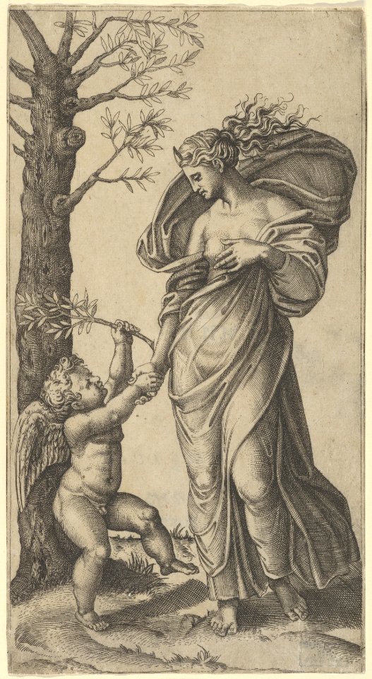An allegory of Peace; Peace personified as a woman standing in a landscape holding the left hand of a winged genius, tree at left MET DP854375