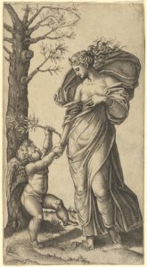 An allegory of Peace; Peace personified as a woman standing in a landscape holding the left hand of a winged genius, tree at left MET DP854375