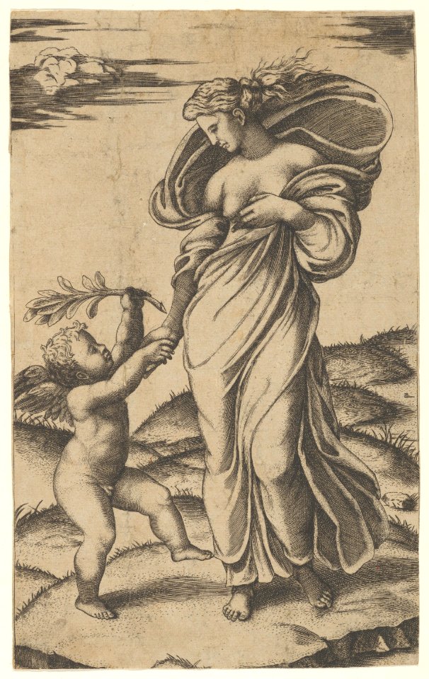 An allegory of Peace; Peace personified as a woman standing in a landscape holding the left hand of a winged genius MET DP854373