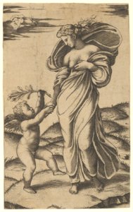 An allegory of Peace; Peace personified as a woman standing in a landscape holding the left hand of a winged genius MET DP854373