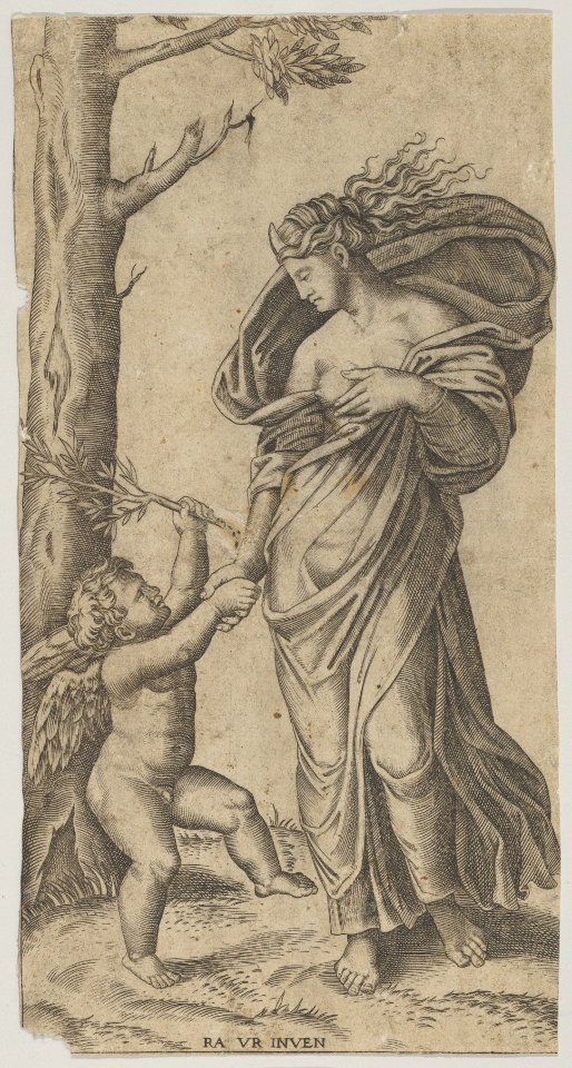 An allegory of Peace; Peace personified as a woman standing in a landscape holding the left hand of a winged genius MET DP854374