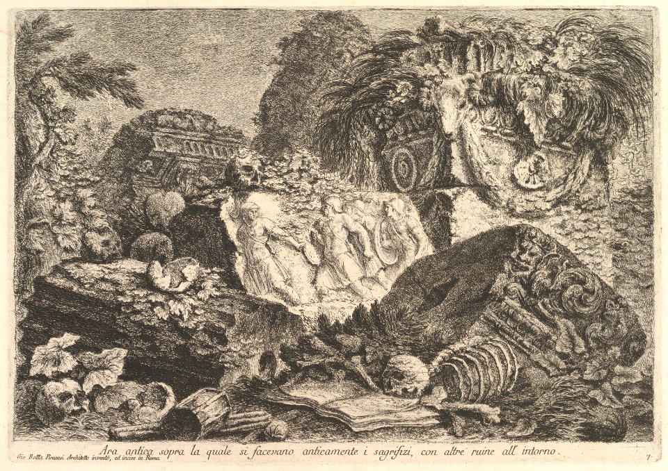 Ancient Altar on which sacrifices were performed in antiquity, surrounded by other ruins (Ara antica sopra la quale si facevano anticamente i sagrifizi, con altre ruine all'intorno) MET DP827983