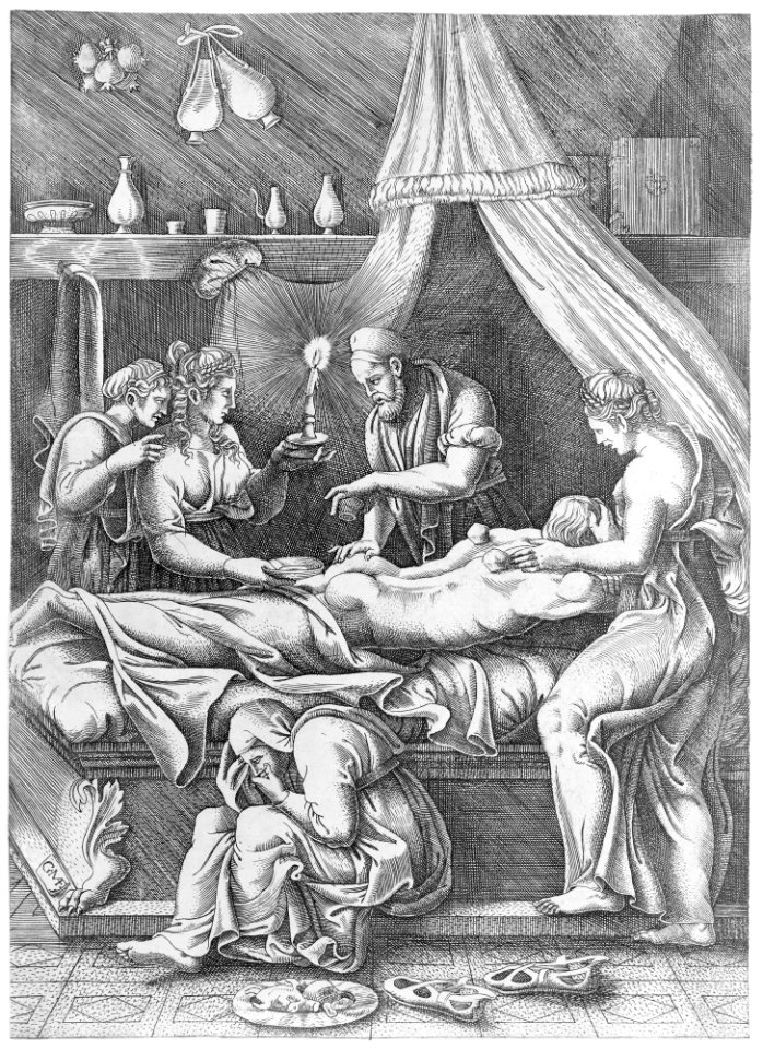 An allegory of sickness, man laying prostrate on a bed surrounded by figures MET MM74236