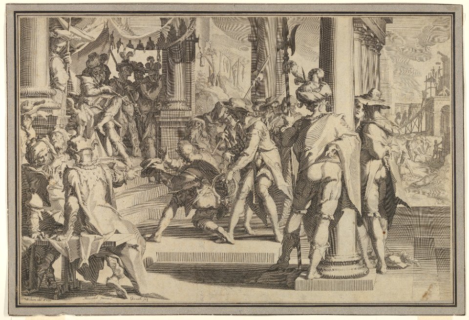Allegory of Justice (Sanctity of the Law) with a court scene depicting a man being pardoned by a judge, from Thronus Justitiae, tredecim pulcherrimus tabulis..., plate 12 MET DP832062