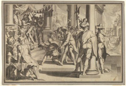 Allegory of Justice (Sanctity of the Law) with a court scene depicting a man being pardoned by a judge, from Thronus Justitiae, tredecim pulcherrimus tabulis..., plate 12 MET DP832062