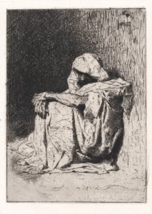 An Arabic man seated on the ground, head partly covered MET DP876115