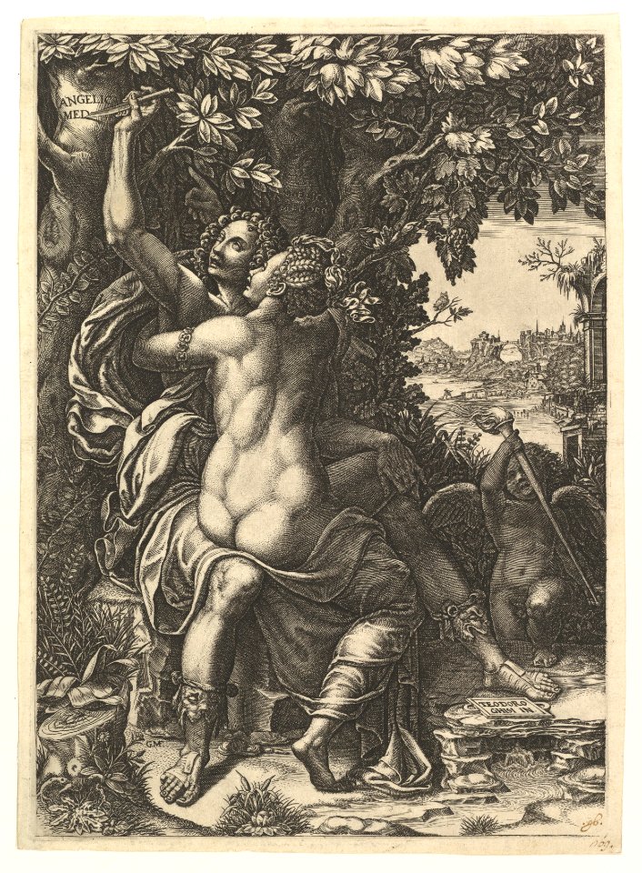 Angelica and Medoro; the couple embracing, Medoro carving their names in the bark of a tree; Cupid holding a torch in the background MET DP821524