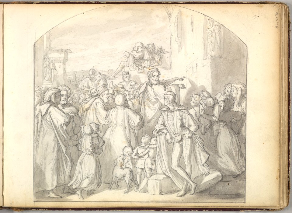 An Artist Drawing on Wall of a Church Watched by a Crowd (in Sketch Book With Drawings on Twenty-six Leaves) MET DP826415