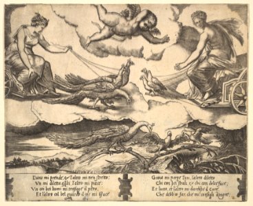 Allegory of Marriage and Love; Juno in a chariot drawn by peacocks at left, Venus in a chariot drawn by three doves at the right MET DP824406