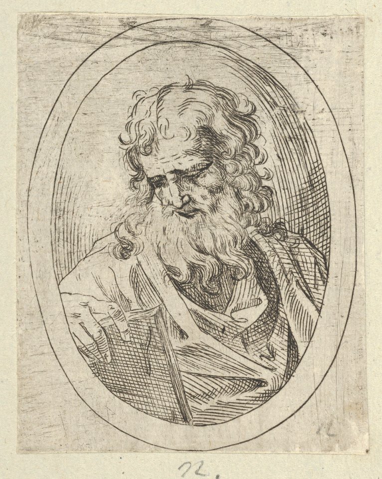 An apostle with a long beard looking down at an open book, in an oval frame, from Christ, the Virgin, and Thirteen Apostles MET DP837894