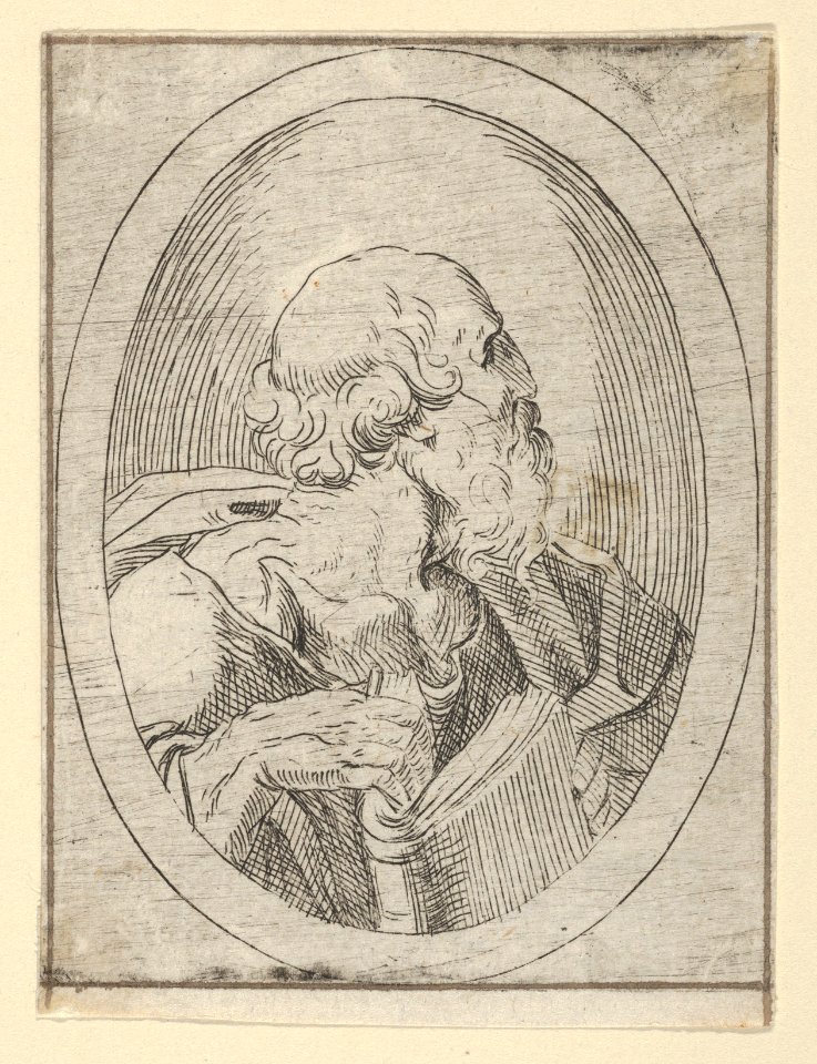 An apostle seen in profile facing right, holding an open book, in an oval frame, from Christ, the Virgin, and Thirteen Apostles MET DP837900