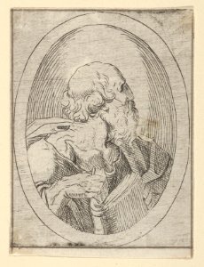 An apostle seen in profile facing right, holding an open book, in an oval frame, from Christ, the Virgin, and Thirteen Apostles MET DP837900