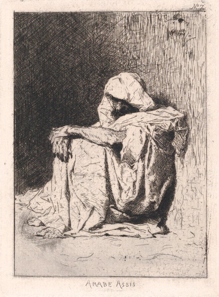 An Arabic man seated on the ground, head partly covered MET DP876112