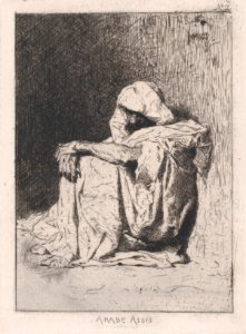 An Arabic man seated on the ground, head partly covered MET DP876112