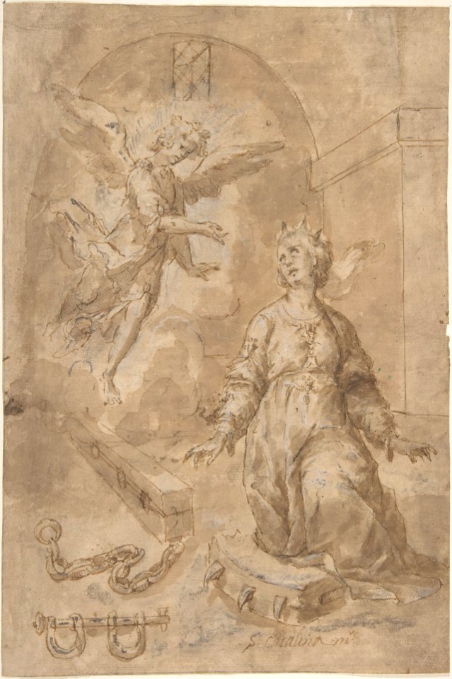An Angel Appearing to Saint Catherine of Alexandria in Prison (recto); Volute (verso) MET DP800579
