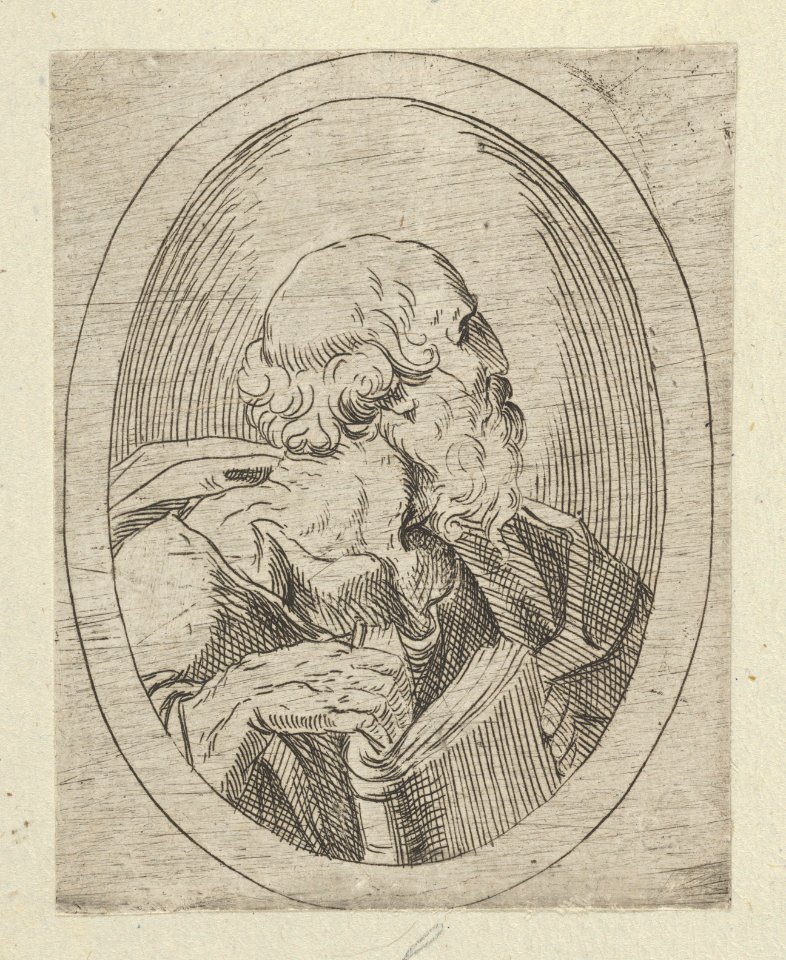 An apostle seen in profile facing right, holding an open book, in an oval frame, from Christ, the Virgin, and Thirteen Apostles MET DP837893