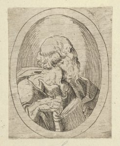An apostle seen in profile facing right, holding an open book, in an oval frame, from Christ, the Virgin, and Thirteen Apostles MET DP837893
