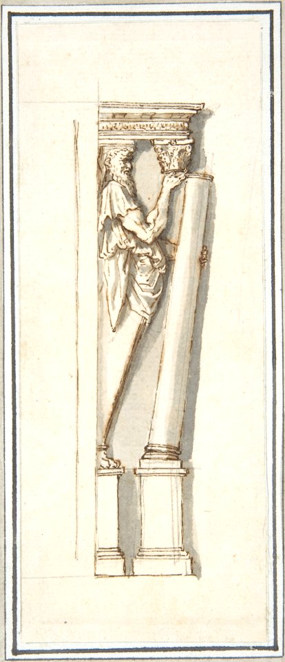 An Architectural Detail- A Herm Figure Placing or Removing a Column from Under an Entablature (after Stucco Frame by Daniele da Volterra from Orsini Chapel, Santa Trinita dei Monti). MET DP803140