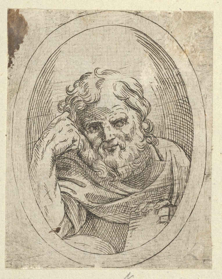 An apostle resting his head on his right hand and holding a book, in an oval frame, from Christ, the Virgin, and Thirteen Apostles MET DP837892