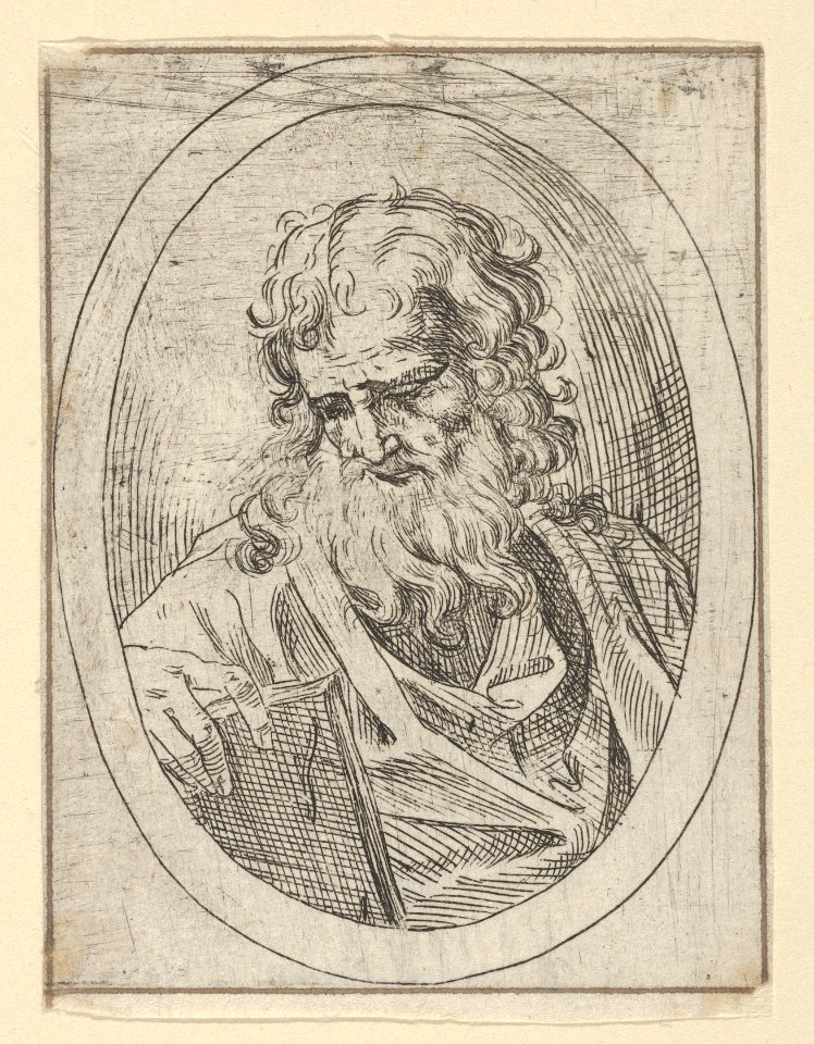 An apostle with a long beard looking down at an open book, in an oval frame, from Christ, the Virgin, and Thirteen Apostles MET DP837901