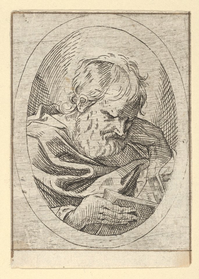An apostle resting his head on his left hand and reading a book, in an oval frame, from Christ, the Virgin, and Thirteen Apostles MET DP837882