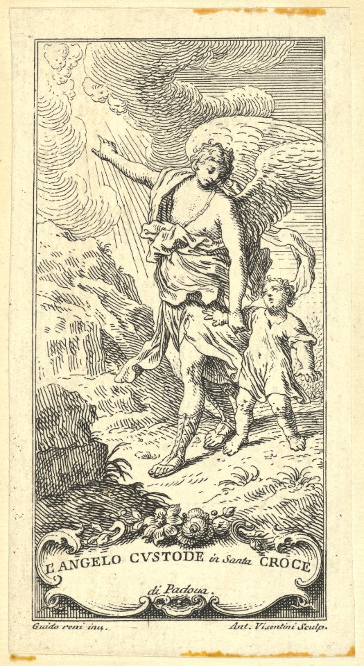 An angel leading a young boy and gesturing to the clouds MET DP841463