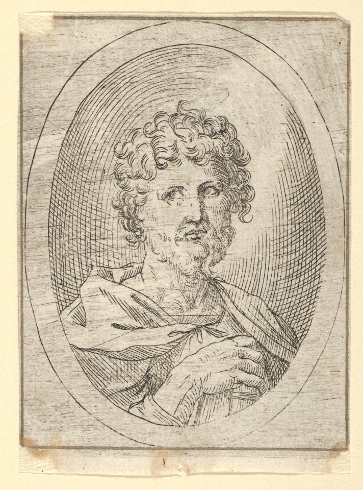 An apostle holding a closed book and looking to the left, in an oval frame, from Christ, the Virgin, and Thirteen Apostles MET DP837904
