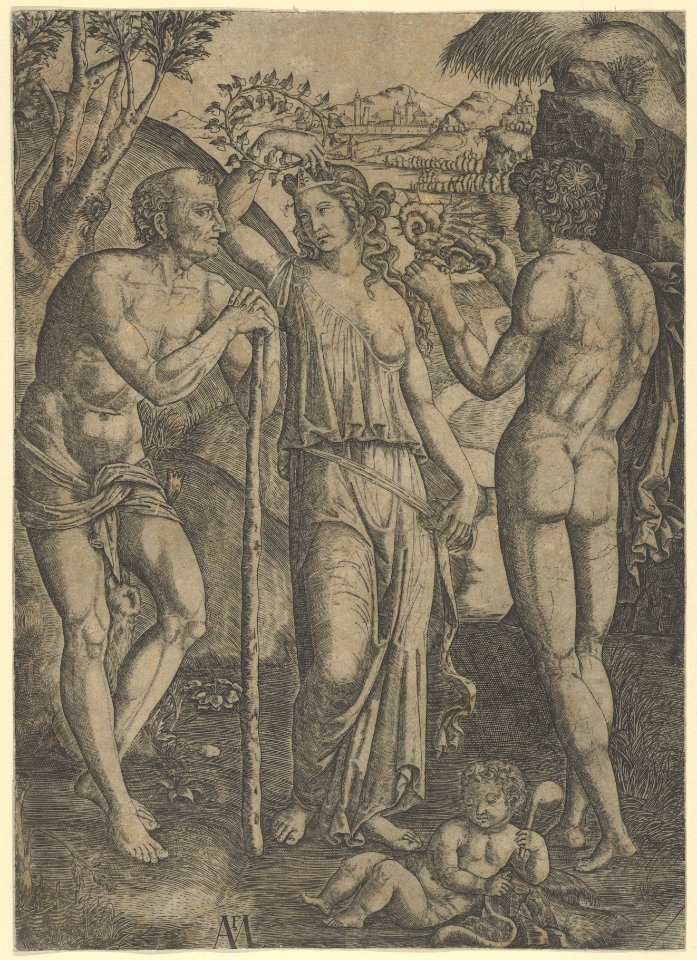 An allegorical scene; a young woman at centre holding a wreath above her head, at left is a old man leaning on a stick, a younger man at right who holds a small dragon MET DP854389