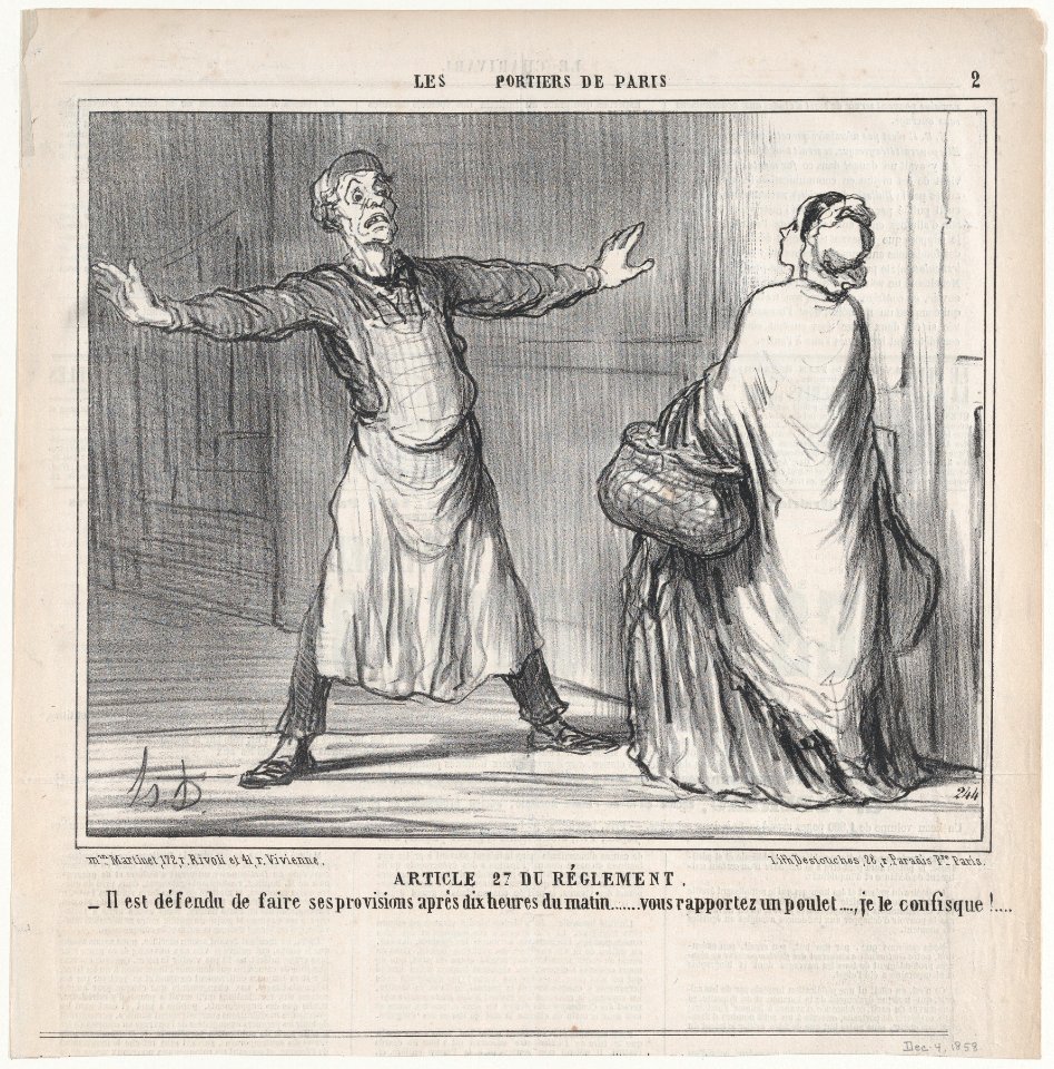 Article 27 du Réglement, from Les Portiers de Paris, published in Le Charivari, December 4, 1858 MET DP876710