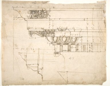 Arco dei Pantani, Forum of Augustus, cornice, elevation; schematic elevation (recto) Temple of Apollo Sosiano, column base, elevation (verso) MET DP810863