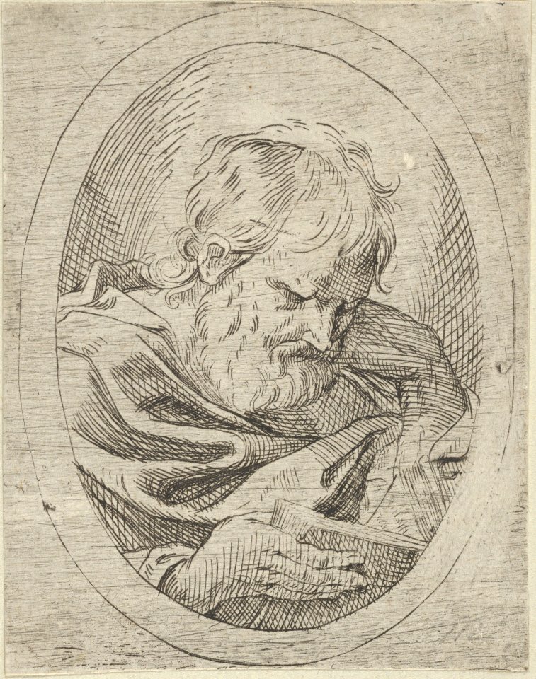 An apostle resting his head on his left hand and reading a book, in an ...