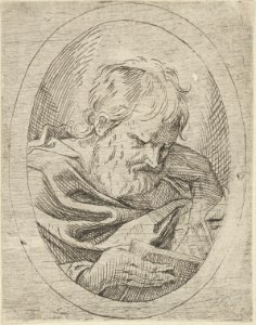 An apostle resting his head on his left hand and reading a book, in an oval frame, from Christ, the Virgin, and Thirteen Apostles MET DP837896