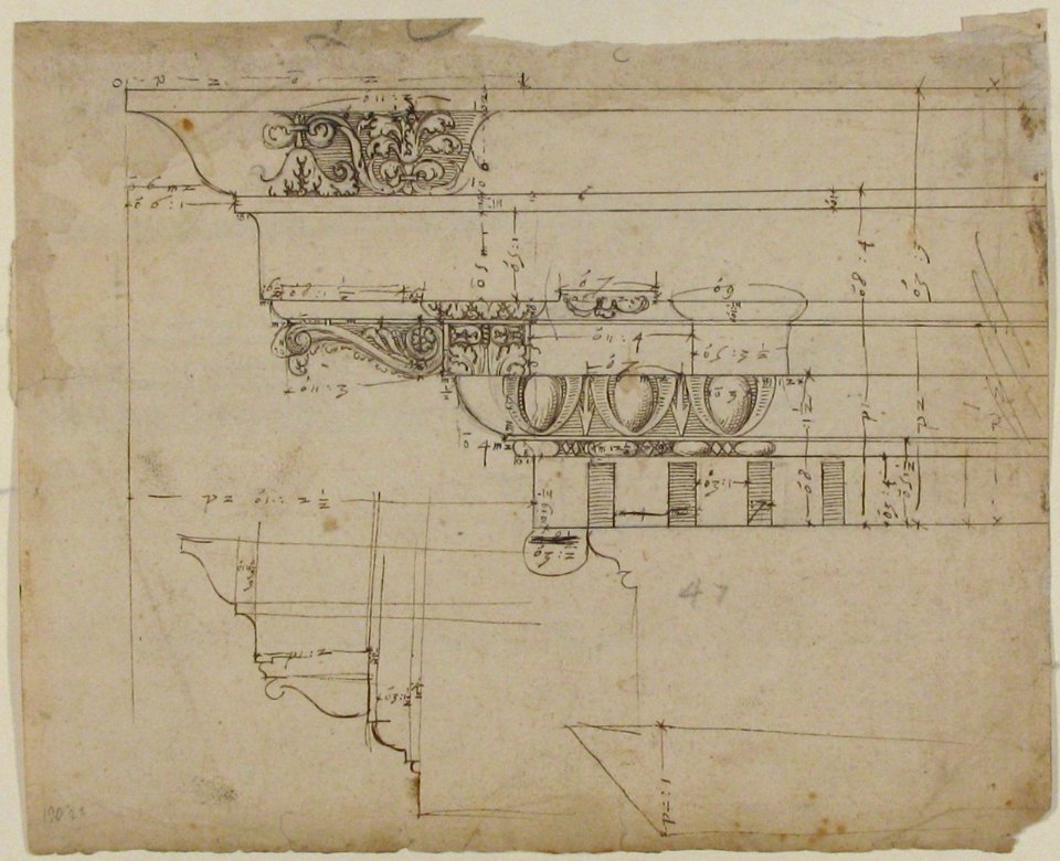 Arco dei Pantani, Forum of Augustus, cornice, elevation; schematic elevation (recto) Temple of Apollo Sosiano, column base, elevation (verso) MET 68.769.28recto
