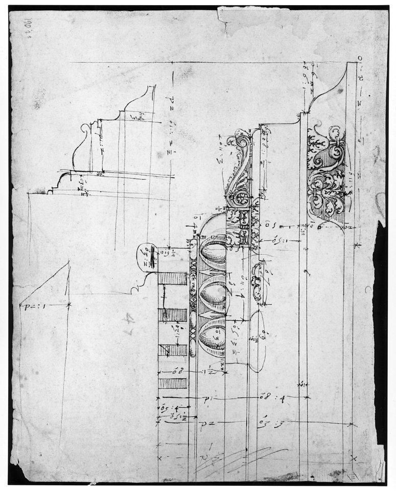 Arco dei Pantani, Forum of Augustus, cornice, elevation; schematic elevation (recto) Temple of Apollo Sosiano, column base, elevation (verso) MET sf68 769 28r-MM43660