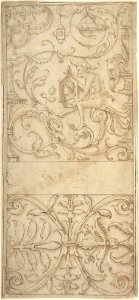 Antique-Style Ornamental Frieze Design- Grotteschi with Figures, Cornucopiae, and Shields. MET DP802027