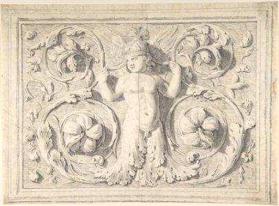 Antique Roman Sculpture with Nude Winged Boy at the Center and Leaves and Vines MET DP804434