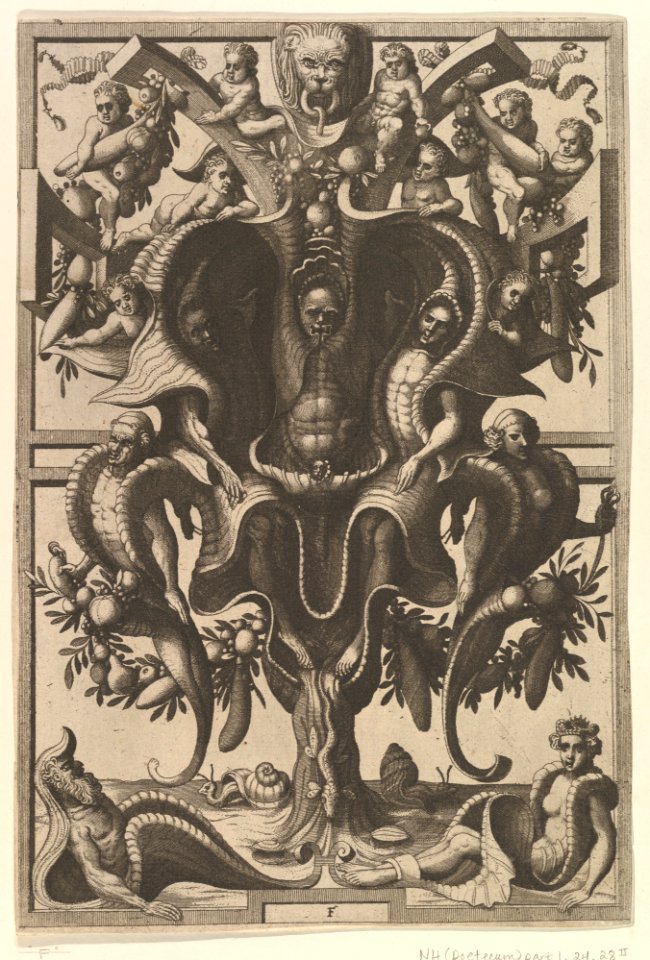 Auricular Cartouche with Figures within a Strapwork Frame from Veederley Veranderinghe van grotissen ende Compertimenten. Libro Primo MET DP823067